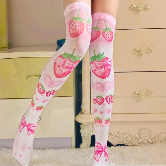 Kawaii Strawberry Lolita Stocking Socks Pink Bows - Picture 2 of 10